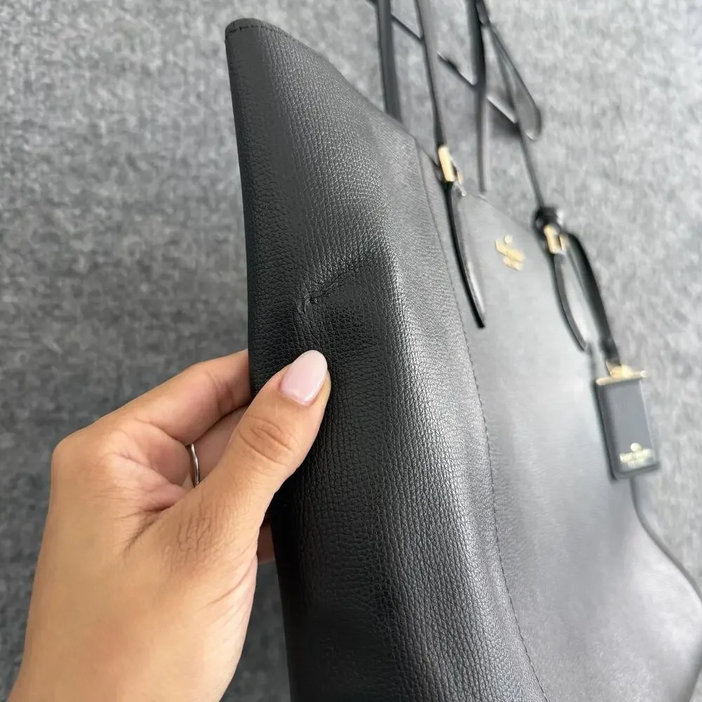 Kate Spade Poppy Large Black Leather Tote Bag Beige Lining Work Office Travel